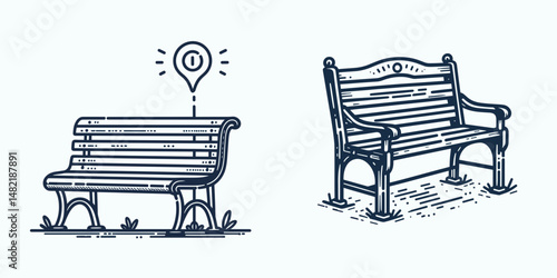 Visitor bench. Tools Equipment Hardware Construction Repair Diy Clipart Line Art Vector Illustration. Guest seat welcoming outdoor furniture for resting relaxing public area fixture.