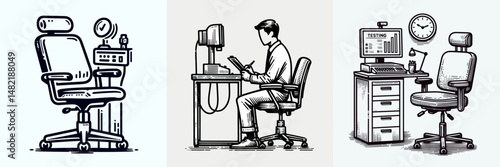 Testing room chair. Tools Equipment Hardware Construction Repair Diy Clipart Line Art Vector Illustration. Examination chamber seat ergonomic studio task model for optimal evaluation.