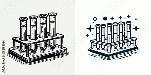 Test tube tray. Tools Equipment Hardware Construction Repair Diy Clipart Line Art Vector Illustration. Lab vial carrier experimental glassware container for scientific.