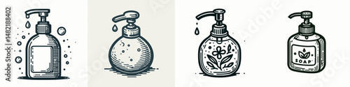 Soap dispenser. Tools Equipment Hardware Construction Repair Diy Clipart Line Art Vector Illustration. Liquid cleanser appliance hygiene solution gadget for restroom or kitchen.