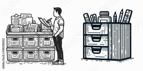 Sample organizer bin. Tools Equipment Hardware Construction Repair Diy Clipart Line Art Vector Illustration. Handy storage crate great method for home tidiness perfect item sorting.