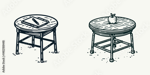 Round school table. Tools Equipment Hardware Construction Repair Diy Clipart Line Art Vector Illustration. Circular learning center desk sturdy academic furnish education concept.