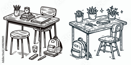 Rectangular school table. Tools Equipment Hardware Construction Repair Diy Clipart Line Art Vector Illustration. Oblong education desk sturdy flat surface furnishing for pupil classroom.
