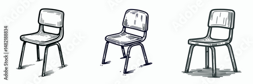 Plastic school chair. Tools Equipment Hardware Construction Repair Diy Clipart Line Art Vector Illustration. Rigid study seat molded synthetic polymer classroom furniture learning center.