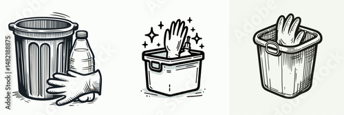Plastic glove bin. Tools Equipment Hardware Construction Repair Diy Clipart Line Art Vector Illustration. Container for disposable hand protector polymer receptacle clean workplace.