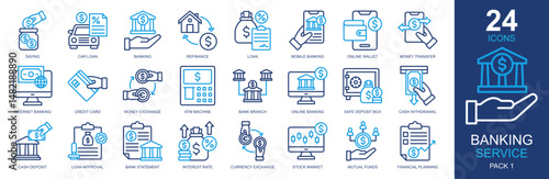 Banking Service Icons set vector illustration. Containing saving, loan, banking, bank statement, financial planning and more. Simple outline color icons collection.