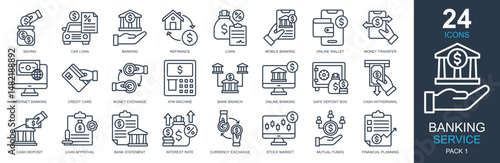 Banking Service Icons set vector illustration. Containing saving, loan, banking, bank statement, financial planning and more. Simple outline icons collection.