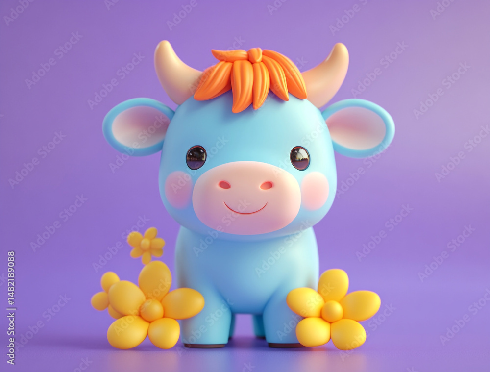 A bright blue, cartoon-styled 3D cow figurine stands against a solid backdrop. It has orange and pink accents and wears a large flower on its head, exuding a cheerful vibe. A bright blue, cartoon-styled 3D cow figurine stands against a solid backdrop. It has orange and pink accents and wears a large flower on its head, exuding a cheerful vibe.