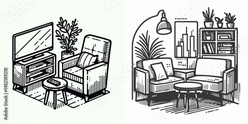 Media corner seat. Tools Equipment Hardware Construction Repair Diy Clipart Line Art Vector Illustration. Entertainment space nook relaxing home theater cozy viewing area setup.