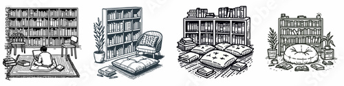 Library floor cushion. Tools Equipment Hardware Construction Repair Diy Clipart Line Art Vector Illustration. Study room ground pillow relaxed comfortable reading area furnishing home.