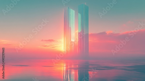 Elegant and futuristic 100-story glass building, minimalist and sharp design, glowing in sunset light, on a pastel teal background 
