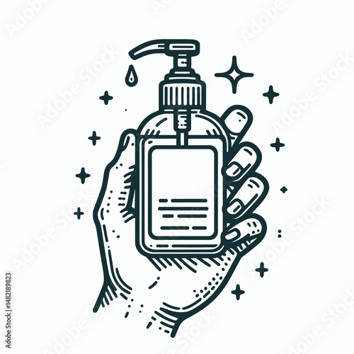 Hand sanitizer. Tools Equipment Hardware Construction Repair Diy Clipart Line Art Vector Illustration. Germ defense liquid topical solution for personal hygiene and sanitation.