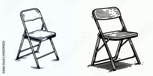 Folding school chair. Tools Equipment Hardware Construction Repair Diy Clipart Line Art Vector Illustration. Portable learning seat collapsible classroom furniture for study area.