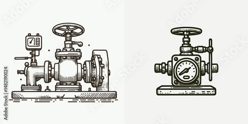 Gas valve station. Tools Equipment Hardware Construction Repair Diy Clipart Line Art Vector Illustration. Compressed fuel flow control depot industrial pipeline regulator location.