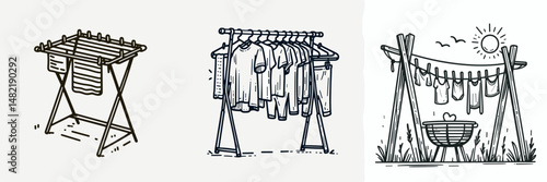Drying rack. Tools Equipment Hardware Construction Repair Diy Clipart Line Art Vector Illustration. Laundry stand for clothes airing foldable indoor outdoor home.
