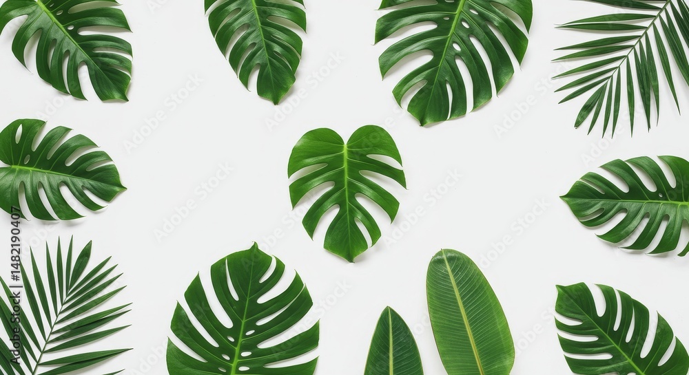 Tropical Leaves Background Green Monstera and Palm on White Tropical Leaves Background Green Monstera and Palm on White