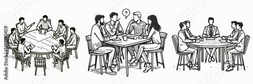 Discussion group table. Tools Equipment Hardware Construction Repair Diy Clipart Line Art Vector Illustration. Forum meeting area central desk for topical debate collective learning.