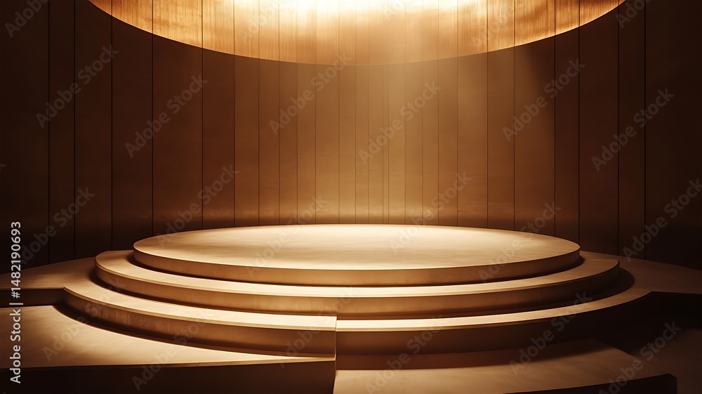 Obraz premium Golden cylindrical stage with multiple layers and vertical panel background illuminated