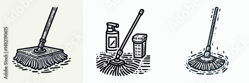 Cleaning mop. Tools Equipment Hardware Construction Repair Diy Clipart Line Art Vector Illustration. Floor washer sanitation device for home workplace and janitorial duty.
