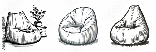Bean bag chair. Tools Equipment Hardware Construction Repair Diy Clipart Line Art Vector Illustration. Comfortable lounging plush form-fitting seat ideal home accent piece cozy.