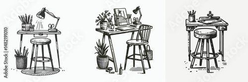 Art room stool. Tools Equipment Hardware Construction Repair Diy Clipart Line Vector Illustration. Studio seat crafting workshop perch artistic space chair atelier fixture.