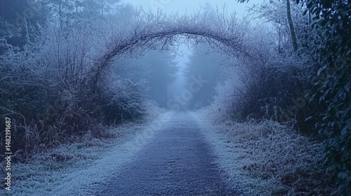 Glittering frost-covered branches arching over a quiet winter trail, Generative AI