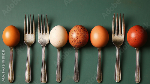 Various colored eggs balanced on vintage forks.