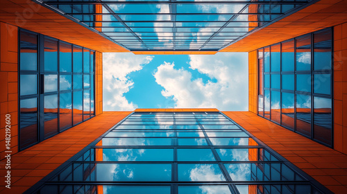 Modern architecture, looking up at a building with orange and glass facade, reflecting a vibrant blue sky and white clouds.