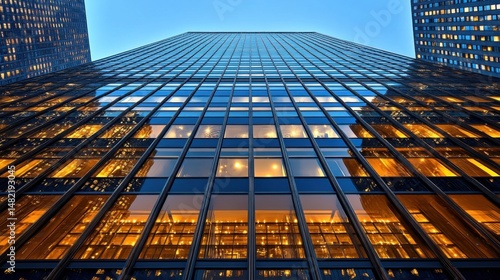 Wallpaper Mural Imposing 100-story business residence with a fully glass facade, clean lines, reflecting blue skies, on a muted beige background  Torontodigital.ca