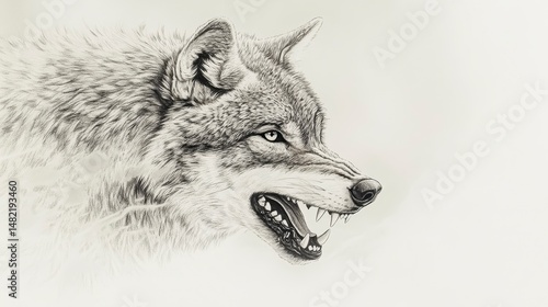 A detailed grayscale drawing of a wolf's head, snarling, showcasing its teeth and fur texture.