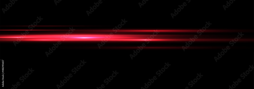 Obraz premium Futuristic Red Neon Light Beam with Horizontal Glow and Flare. Shiny Light Streak Effect, Glowing Line Trail and Flash on Transparent Background for Abstract or High-Tech Vector Illustration