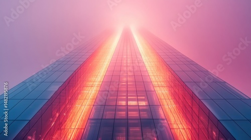 Wallpaper Mural Sleek 100-story business skyscraper with glass facade, minimalist and futuristic design, glowing under twilight, on a soft pink background Torontodigital.ca