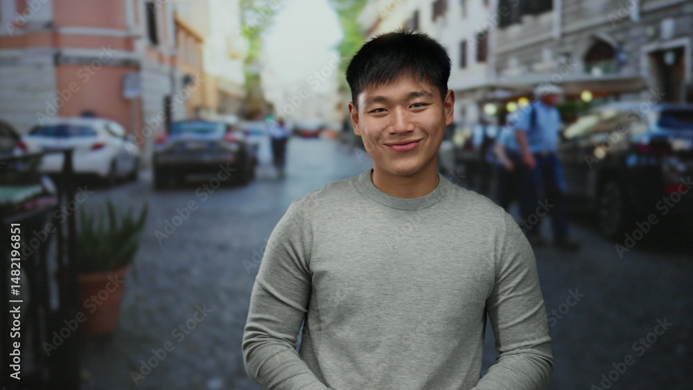 Fototapeta premium Young man smiling outdoors on a bustling city street, reflecting a cheerful and serene mood amidst urban backdrop with cars and buildings, wearing a grey sweater in daytime.