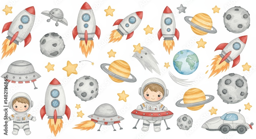 Watercolor Illustration Set of Space Elements Watercolor Illustration Set of Space Elements