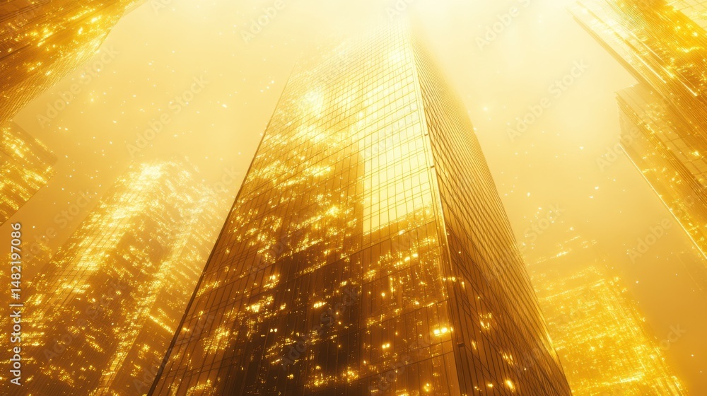 custom made wallpaper toronto digitalTowering 100-story glass business residence, elegant and modern, glowing in city lights, on a muted yellow background 