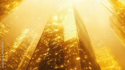 Wallpaper Mural Towering 100-story glass business residence, elegant and modern, glowing in city lights, on a muted yellow background  Torontodigital.ca