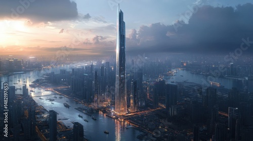 Wallpaper Mural Ultra-modern skyscraper, 100 floors of glass, sharp design, and futuristic look, glowing under city lights, on a muted grey background  Torontodigital.ca