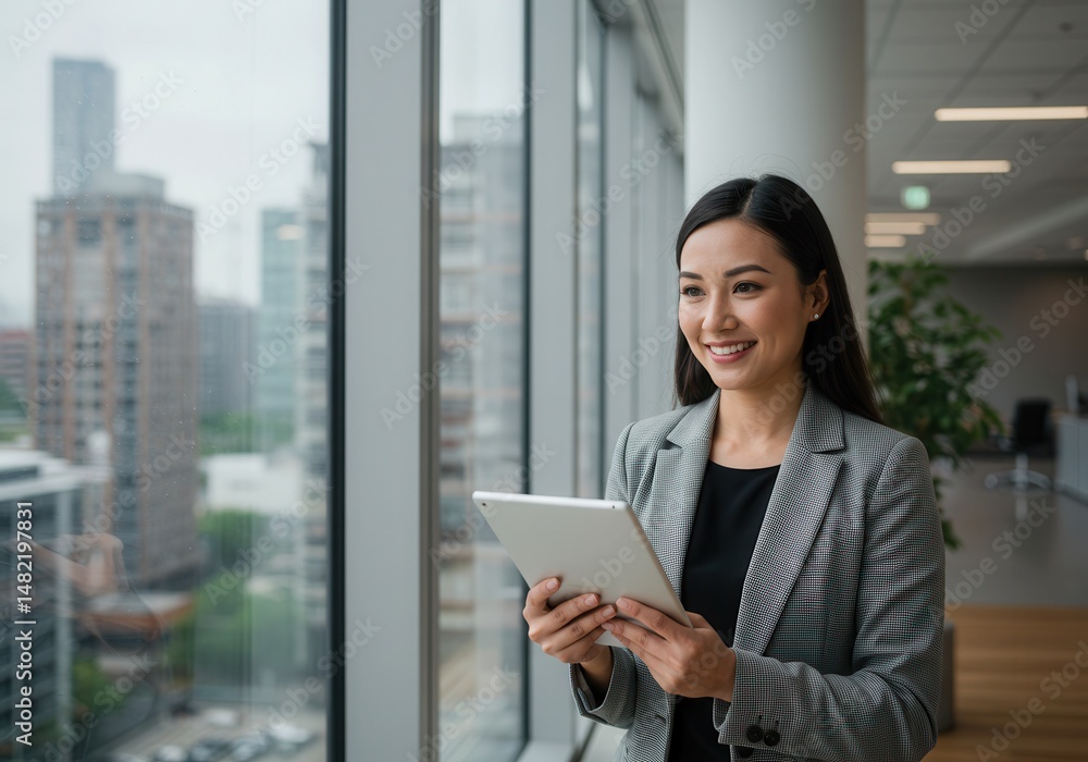 Fototapeta premium Smiling businesswoman holds a tablet while standing near a window with a city view