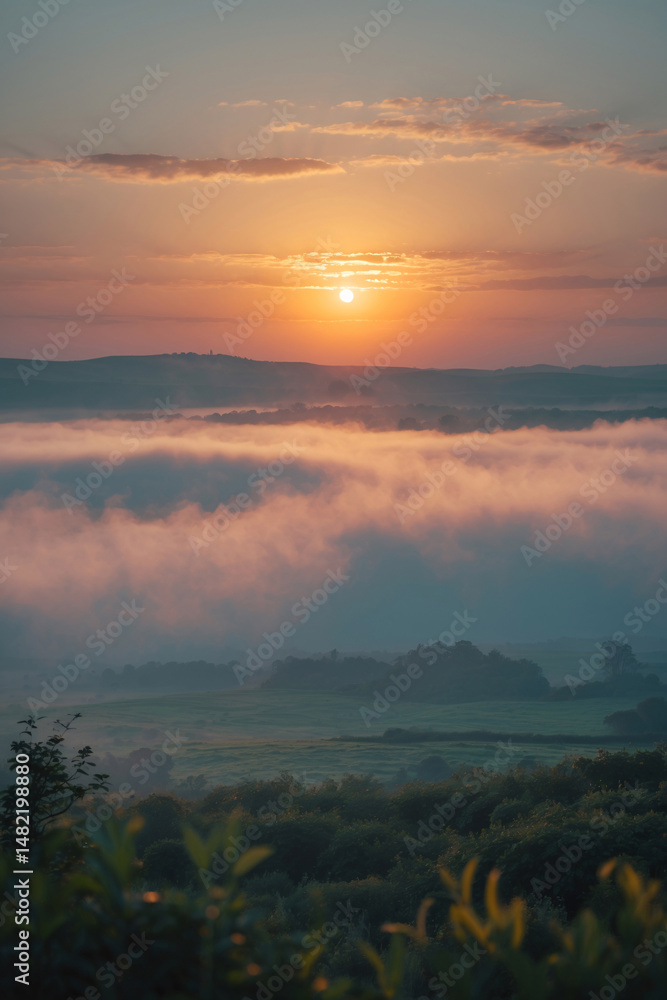 Obraz premium orange sunset glowing over mountain peak with meadow field and dramatic fog scenic photography nature landscape outdoor golden light landscape photography wallpaper background