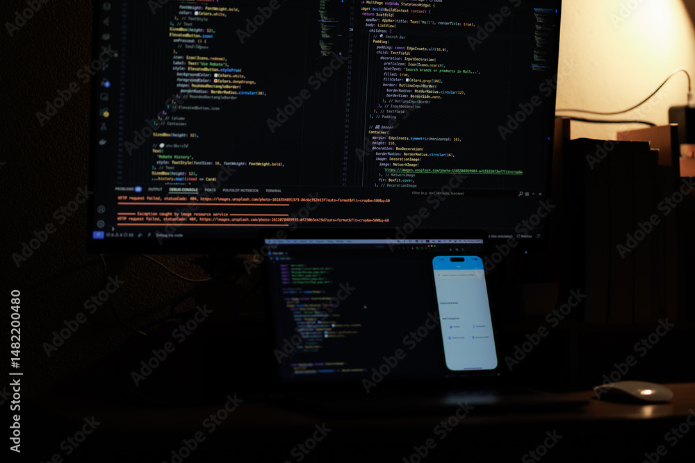 A focused app developer working on code at a computer, creating and testing features for a modern mobile application.