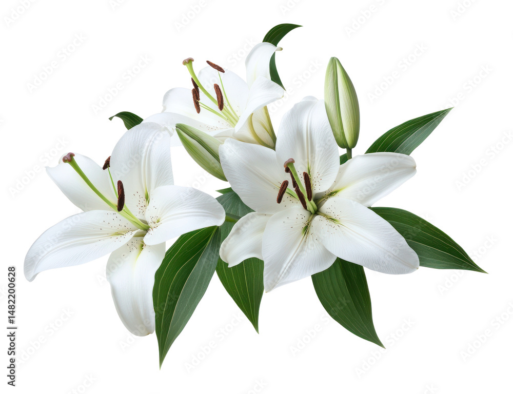 Fototapeta premium PNG White lily flowers with green leaves floral white leaf.