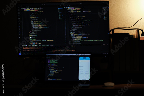 A focused app developer working on code at a computer, creating and testing features for a modern mobile application.