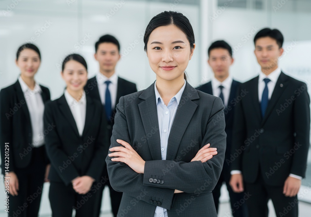 Confident asian businesswoman standing with her arms crossed in front of her team Confident asian businesswoman standing with her arms crossed in front of her team