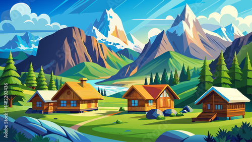  Traditional wooden chalets rest beneath towering cliffs, framed by vibrant green meadows and snow-capped peaks in the distance. Nature and culture coexist in perfect serenity.

