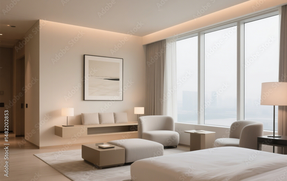 Fototapeta premium Modern hotel interior with large windows, and soft lighting.