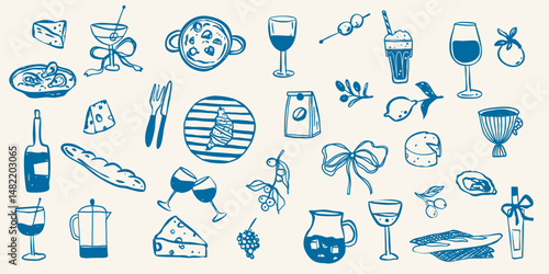 Italian food sketch doodle menu collection dolce vita picnic breakfast collection in simple whimsical style hand drawn. 