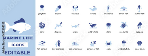 Minimal marine life icons featuring sea animals, ecosystems, and ocean elements for nature, education, and design projects.