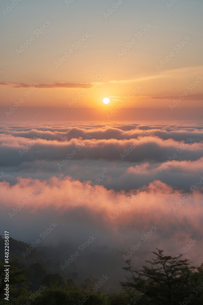 Fototapeta premium sunset light covering mountain summit with fog and meadow in dramatic landscape view golden orange sky nature scenic photography landscape photography wallpaper background