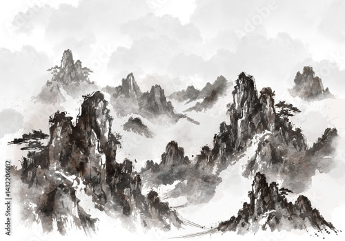 수묵화 기법으로 그린 풍경 산수화 손그림 일러스트.
