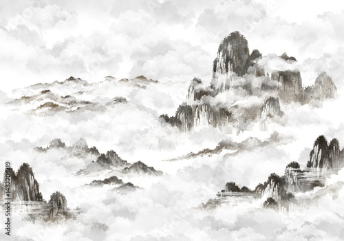 Tapety artystyczne 수묵화 기법으로 그린 풍경 산수화 손그림 일러스트.